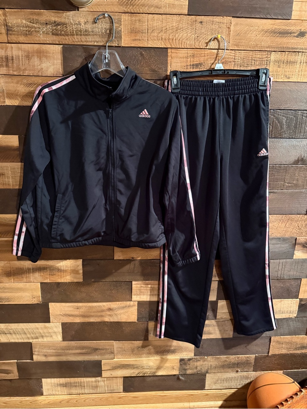 Adidas Youth Girls Black & Pink Stripe Tricot Tracksuit Set Jacket Pants XL 16